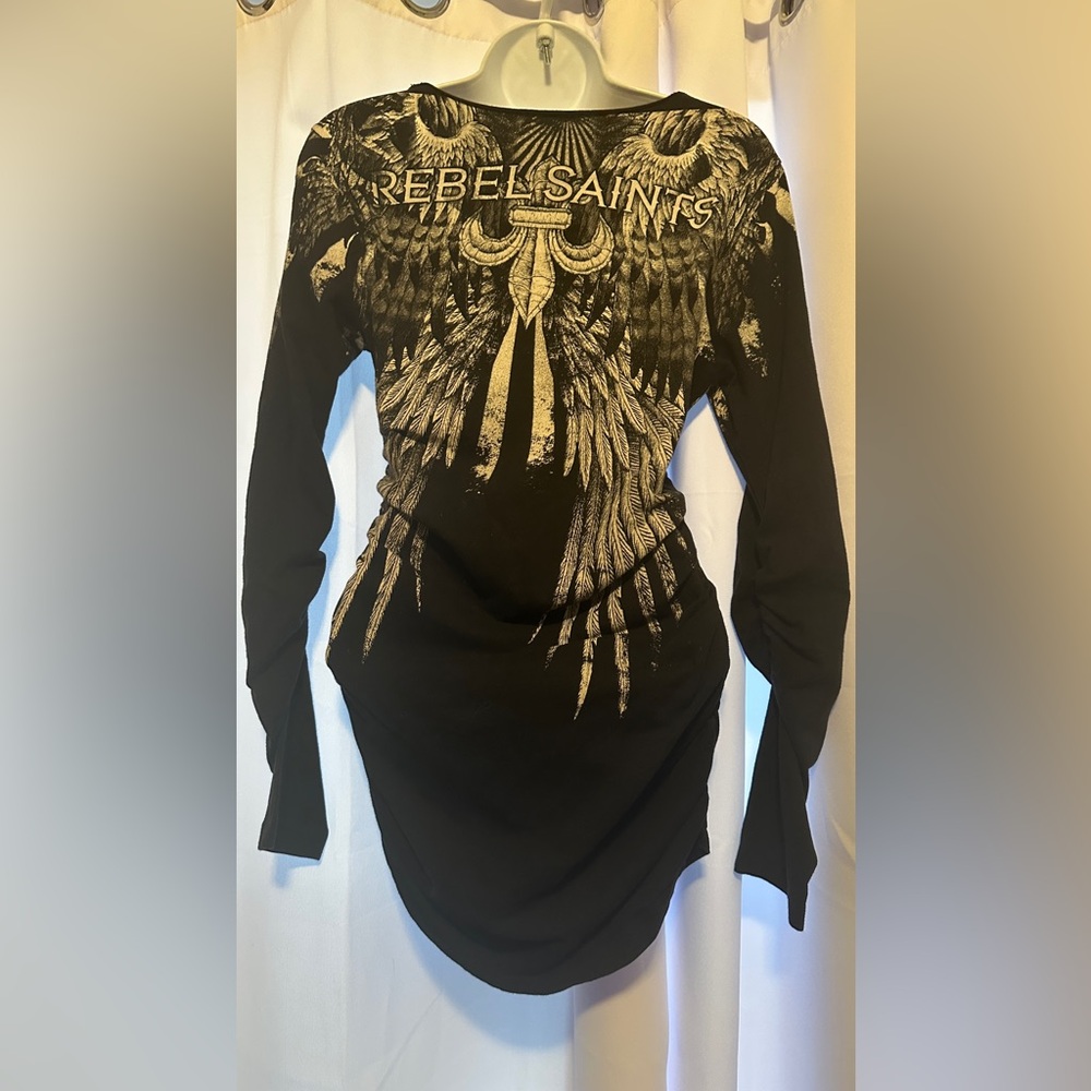 Rebel Saint by Affliction Women's T-Shirt  Ruched Sleeve and sides Medium